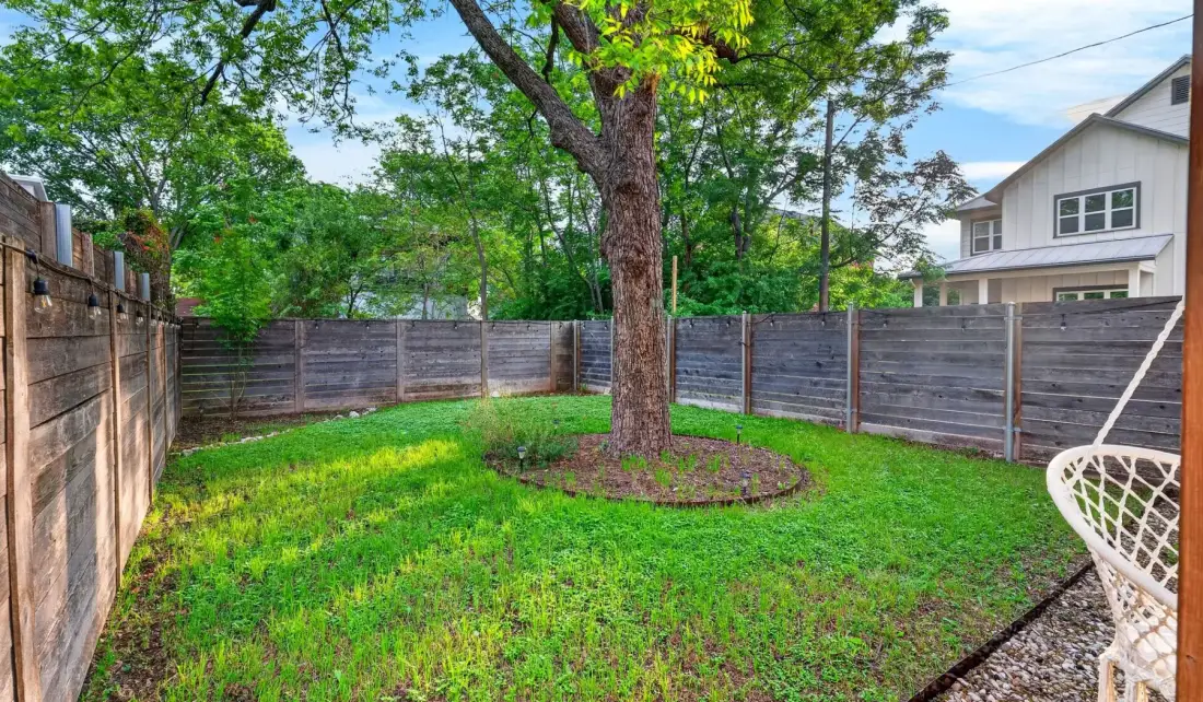 A fenced grassy yard with a large tree and a woven chair.