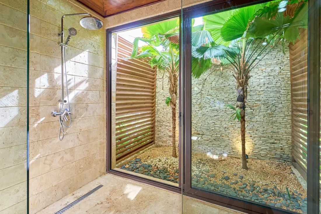Una ducha con paredes de vidrio da a un pequeño patio con palmeras.