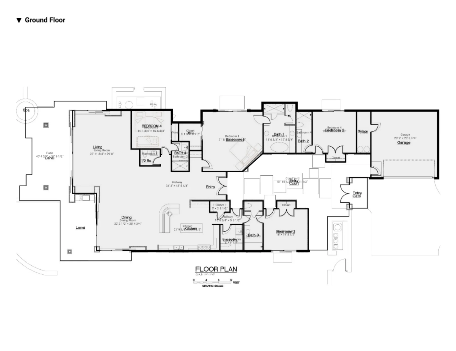 A ground-floor plan shows a large living area and several adjoining rooms.