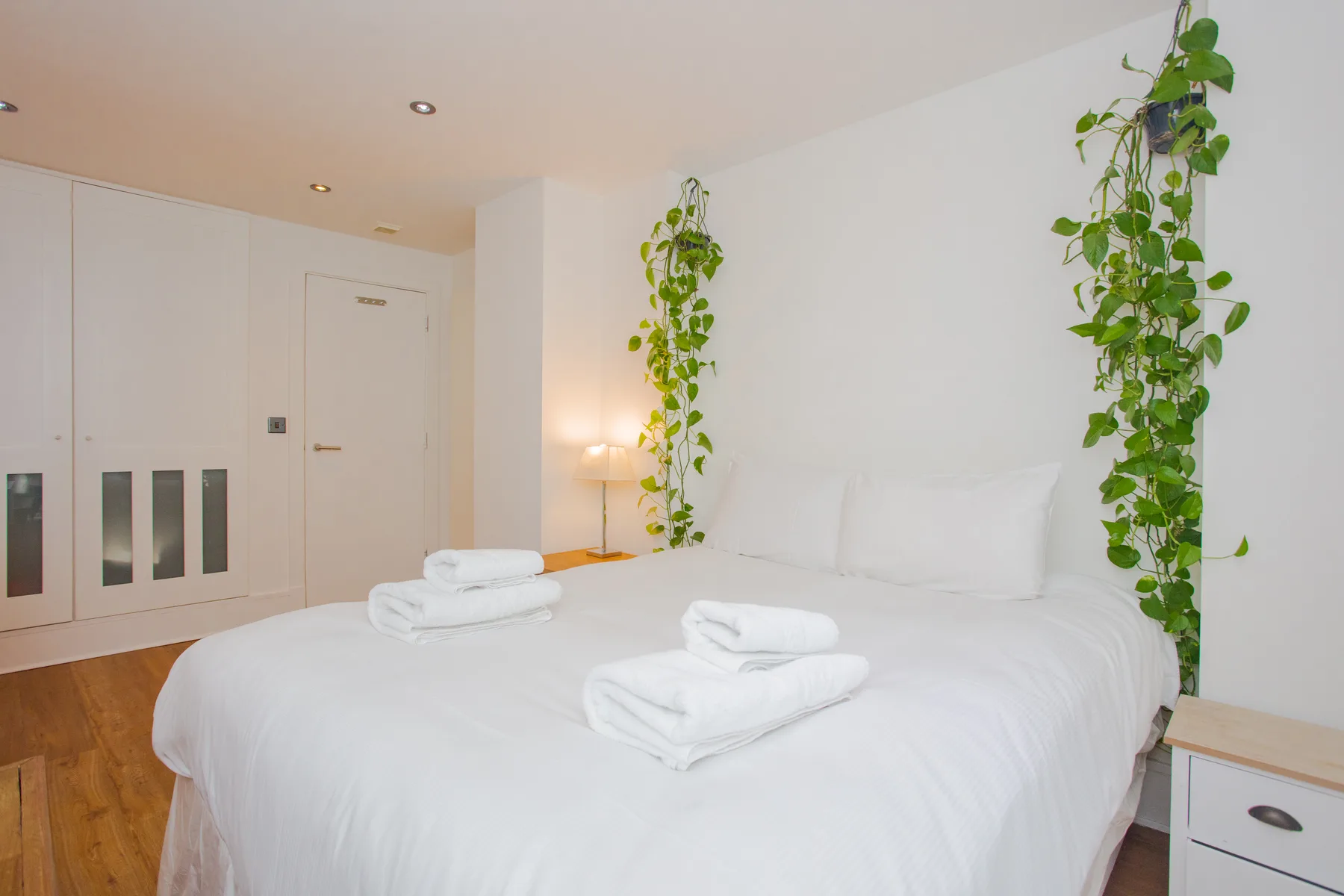 A bright bedroom with a white bed and leafy plants climbing the walls.