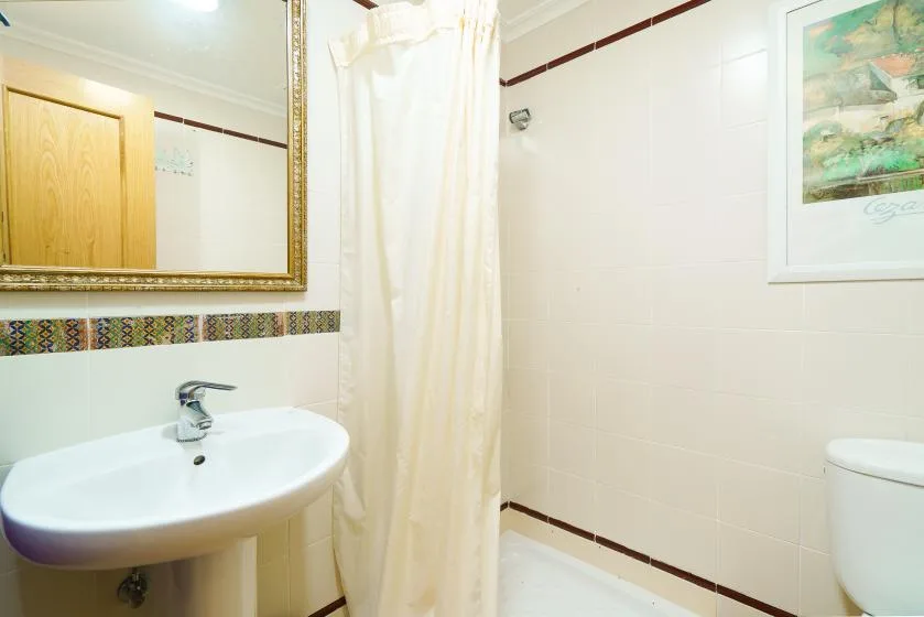 Un baño con lavabo, cortina de ducha y un cuadro en la pared.