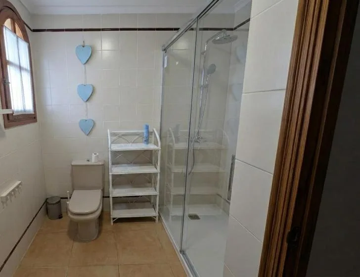 Un baño con azulejos, un inodoro, estanterías y una ducha de vidrio.
