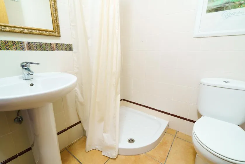 Un baño con lavabo de pedestal, cortina de ducha e inodoro.