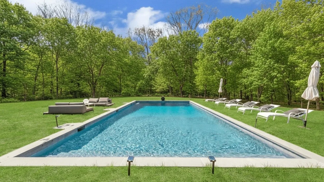 An outdoor swimming pool surrounded by lawn, trees, and lounge seating.