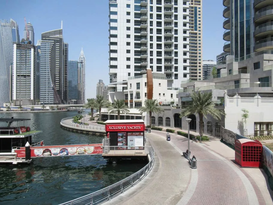 Un paseo junto al agua bordea una marina, con palmeras y edificios altos.