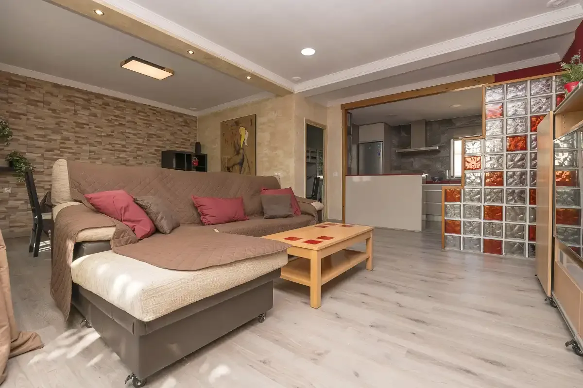 A living room with seating and a low coffee table.