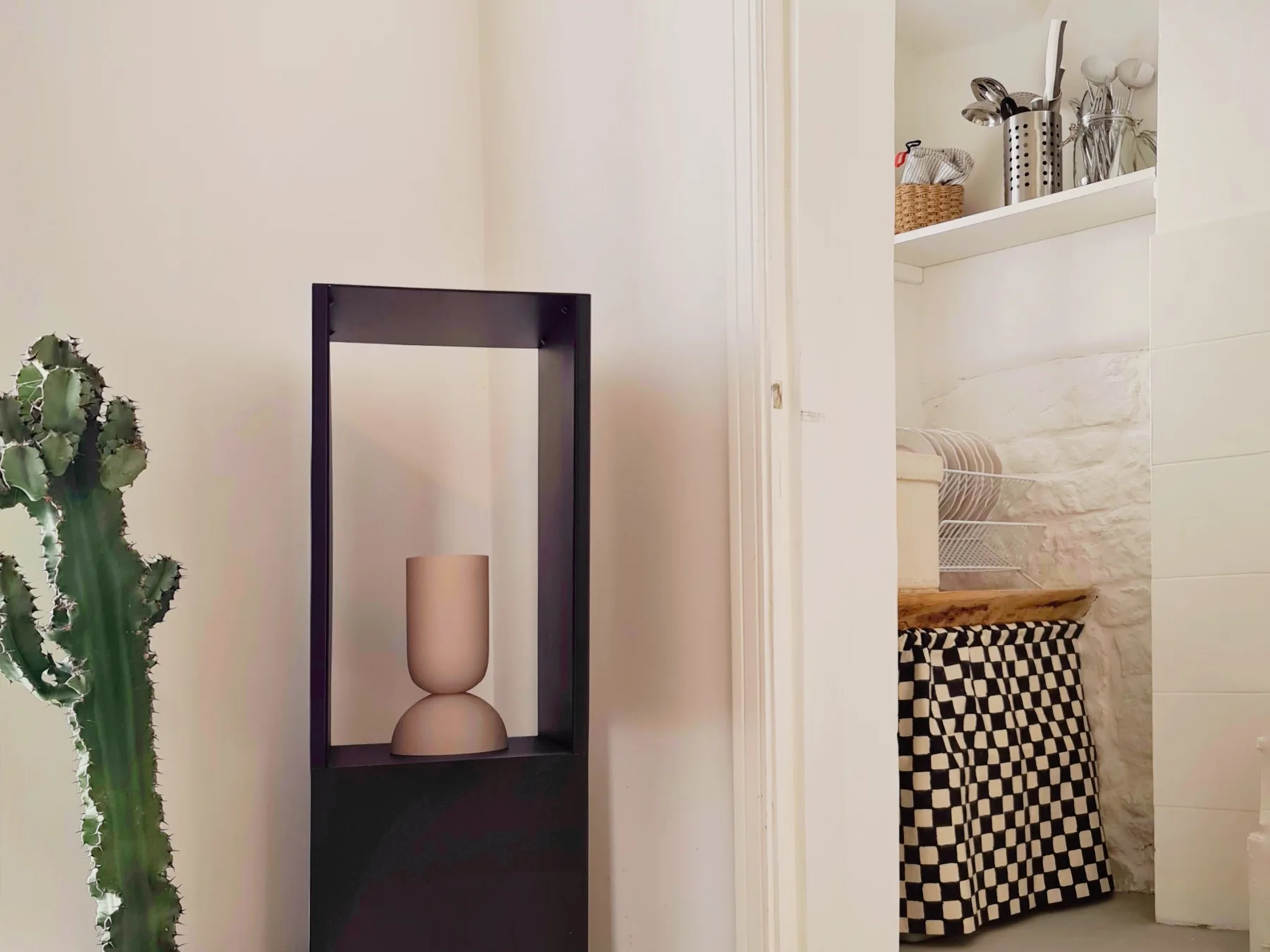 Zona de baño con un cactus y una cesta de almacenaje estampada.