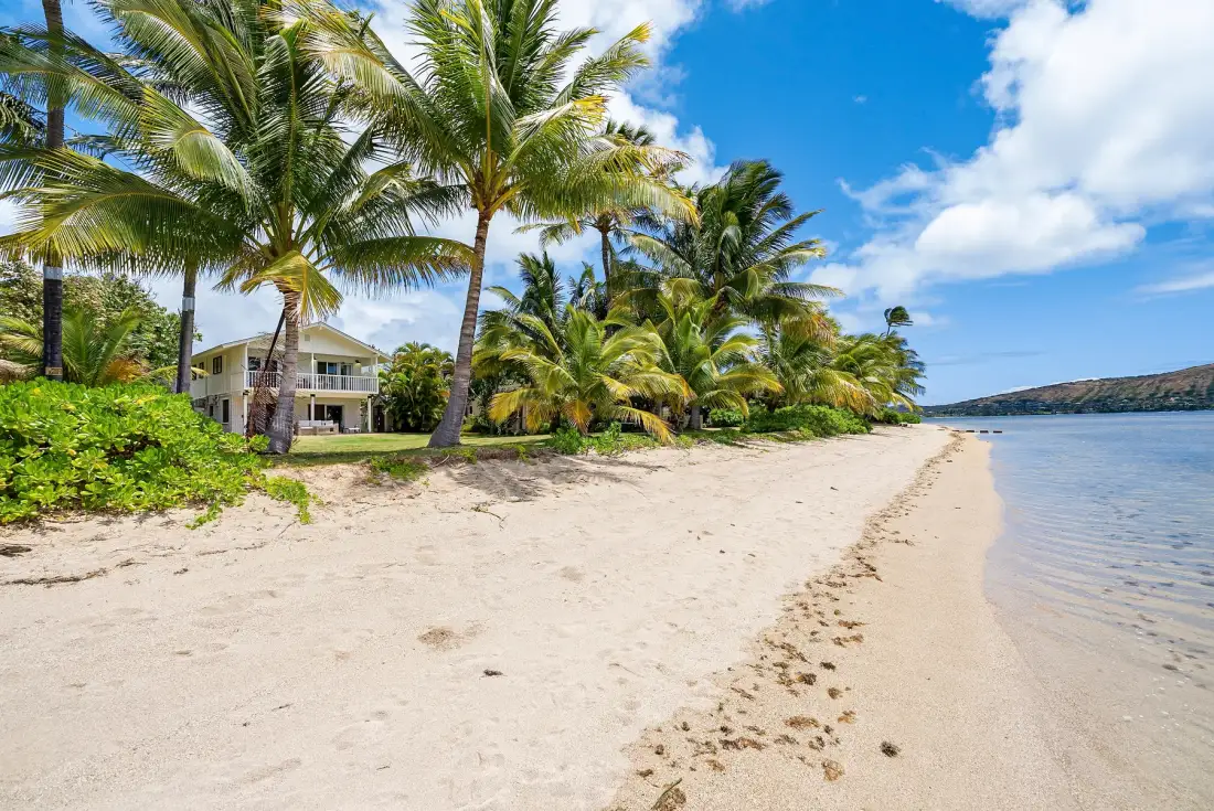 Una playa de arena bordeada de palmeras junto a aguas tranquilas.