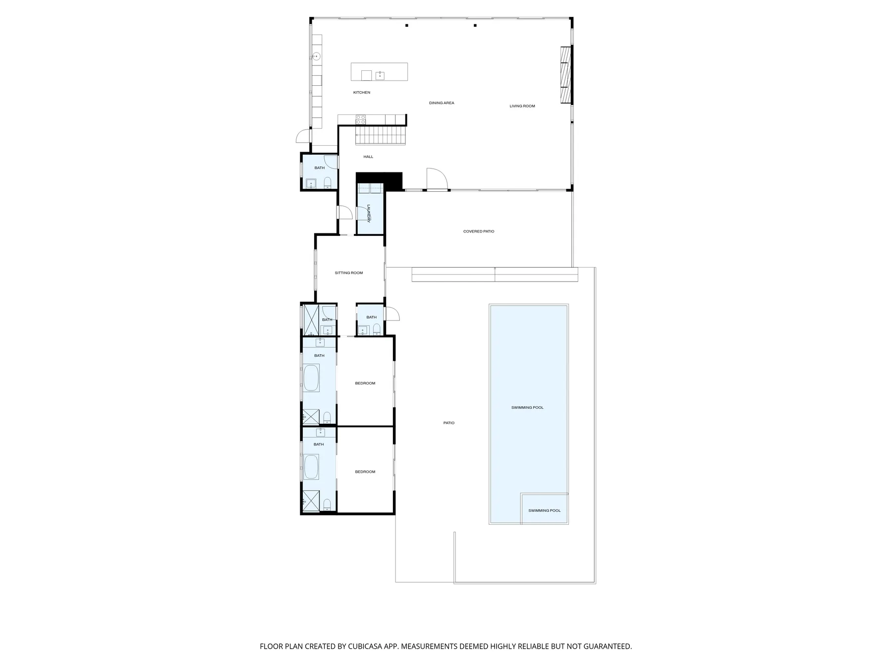 A floor plan shows a pool beside several connected interior spaces.