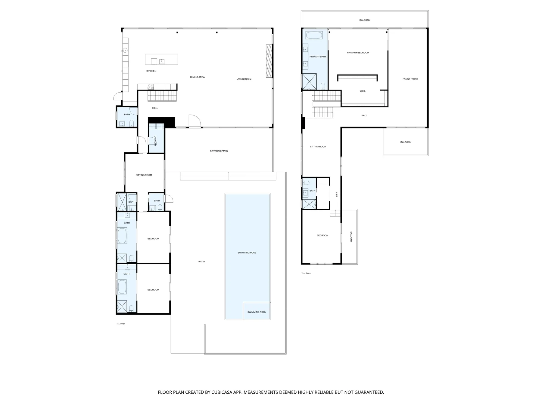 A floor plan shows room layouts and a long rectangular pool.
