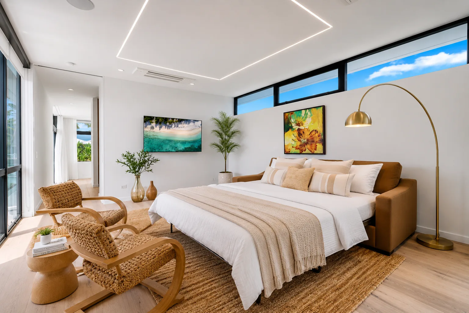 A bright bedroom with a large bed, woven seating, and wide windows.