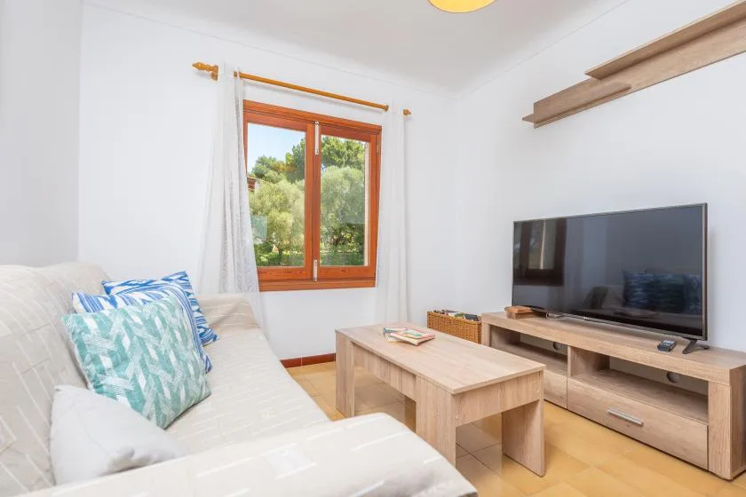 Una sala luminosa con asientos, una mesa de centro de madera y un televisor.