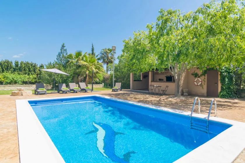 Una piscina al aire libre junto a un patio sombreado con asientos.