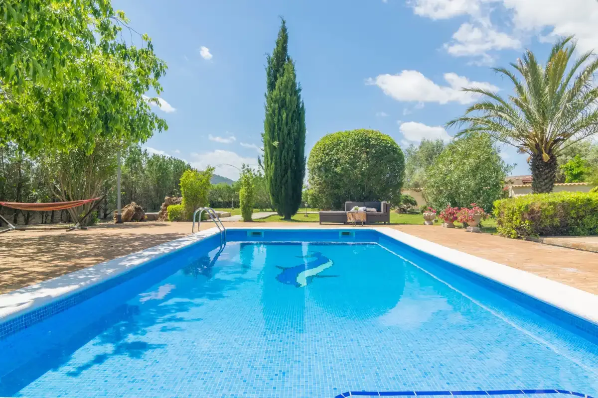 Una piscina está en un jardín soleado, con árboles y una hamaca cerca.