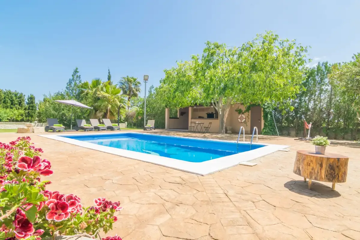 Una piscina al aire libre está junto a un patio sombreado y vegetación.