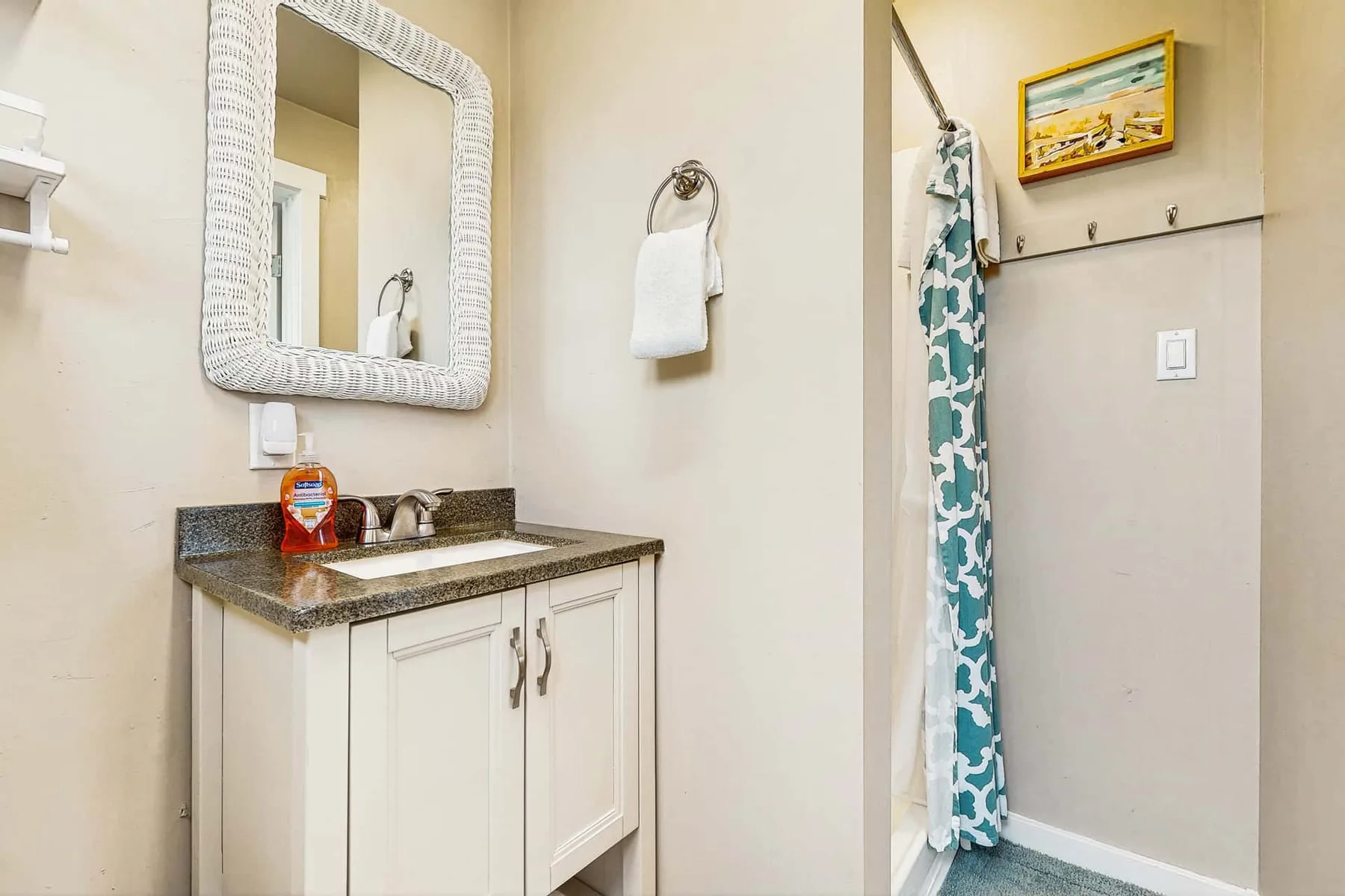 A bathroom vanity with a mirror and a patterned shower curtain.