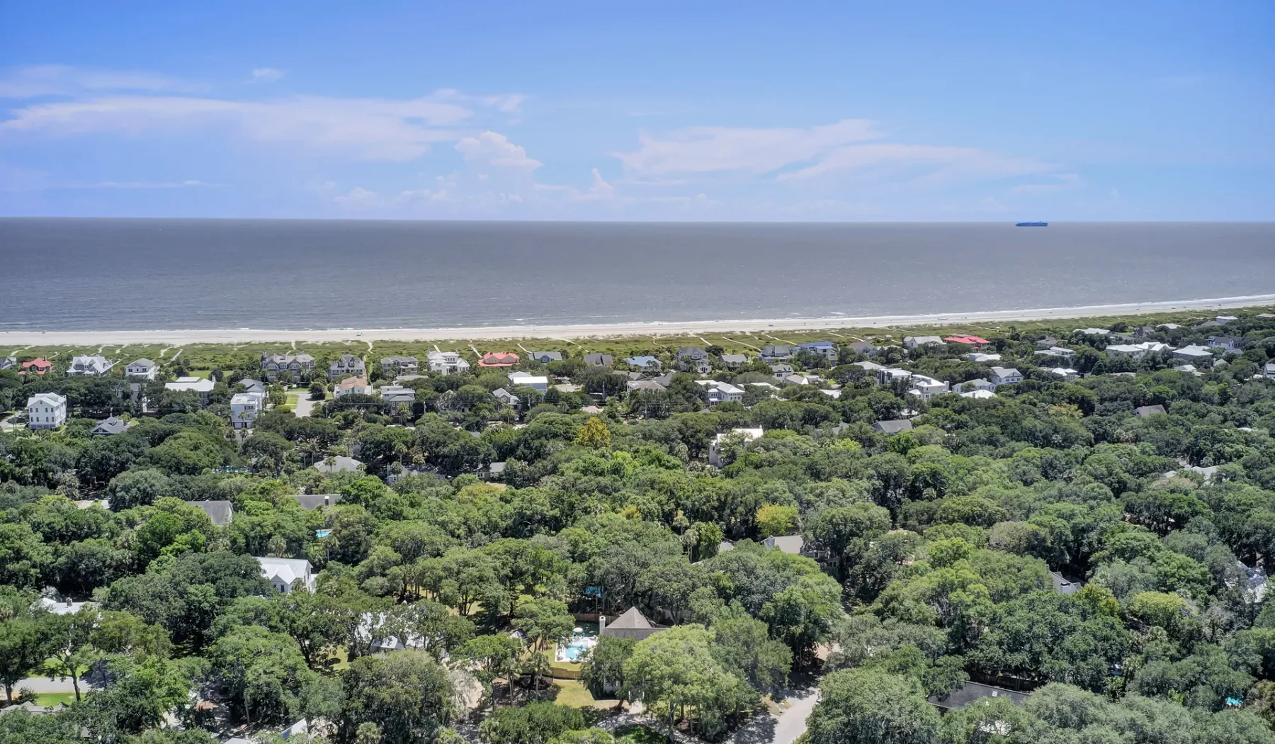 Aerial view of a green coastal neighborhood beside a broad shoreline.