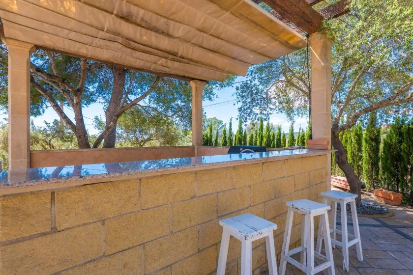 A covered outdoor counter with stools overlooks trees and greenery.