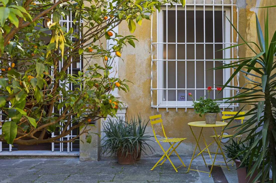 A leafy patio with yellow metal seating beside barred windows.