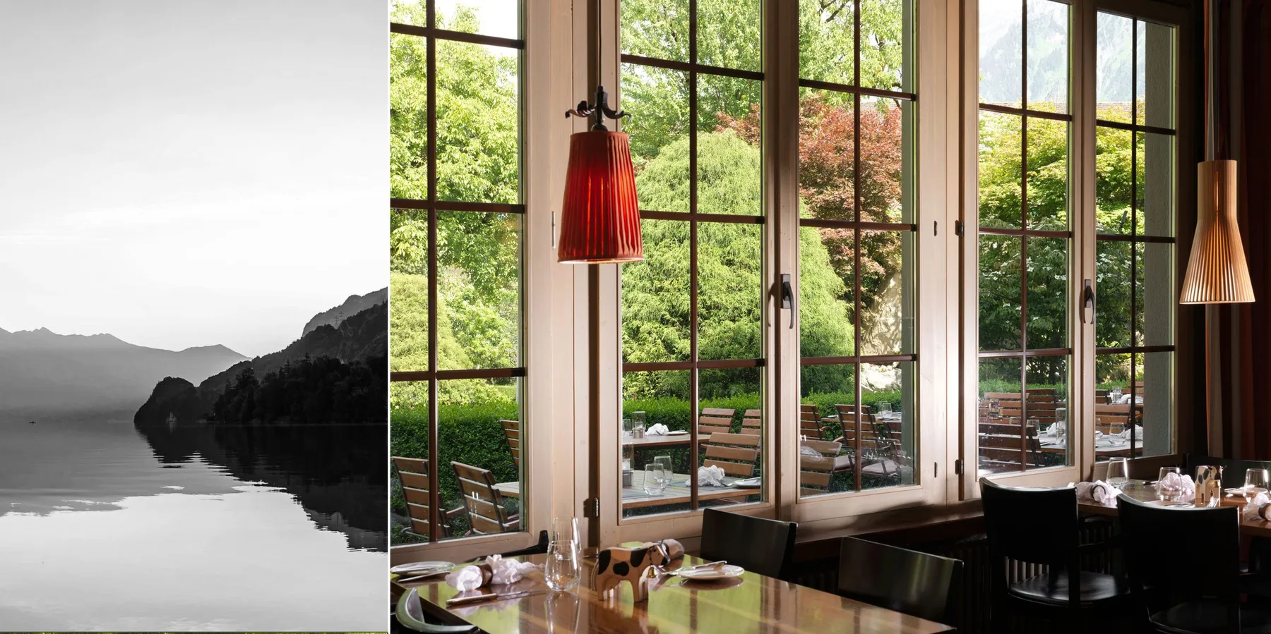 Split image of a lake and mountains, and the hotel restaurant