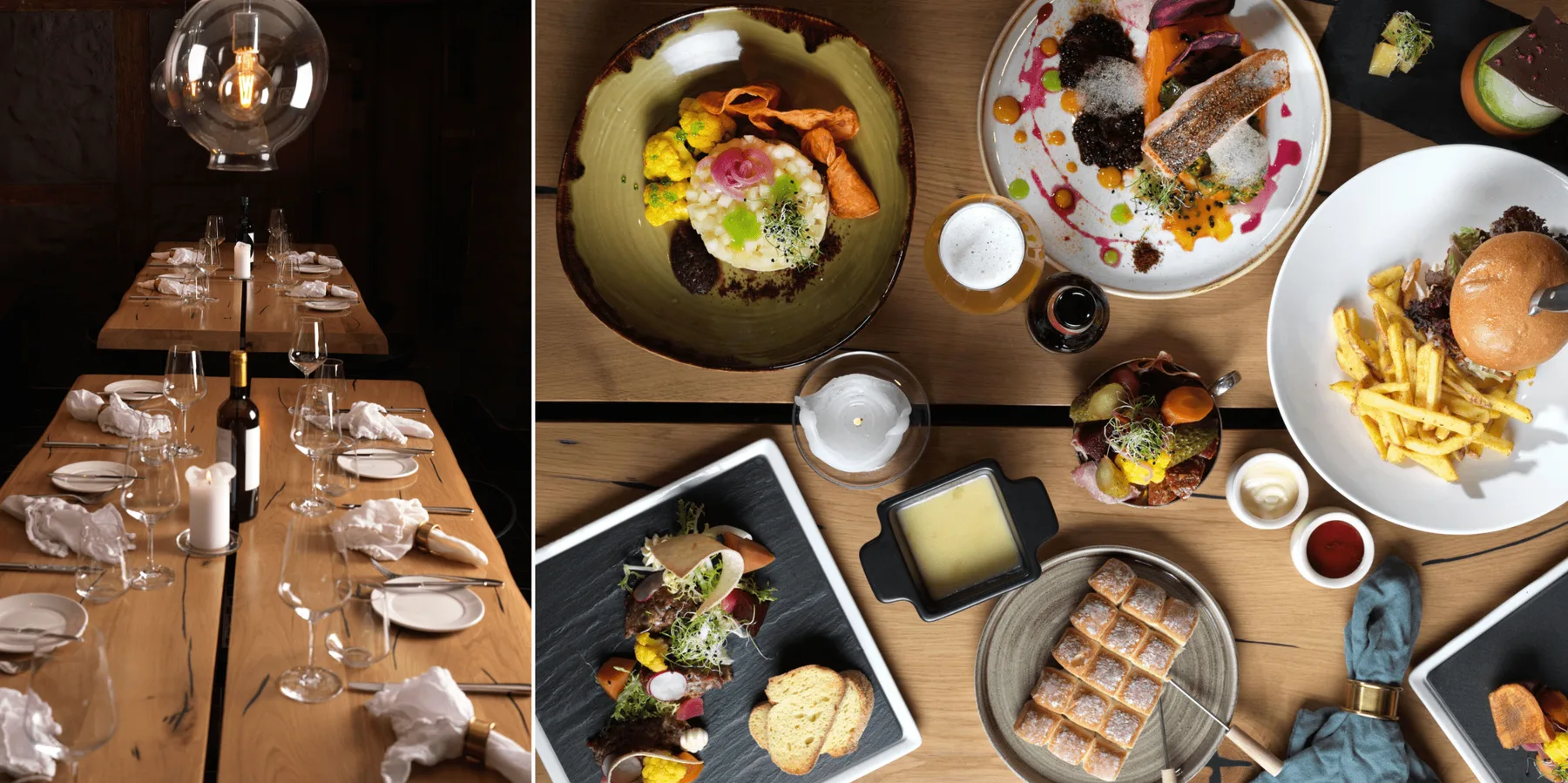Split image of a dining table and prepared dishes