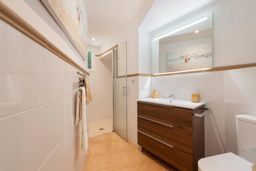 Un baño con lavabo, espejo y ducha.