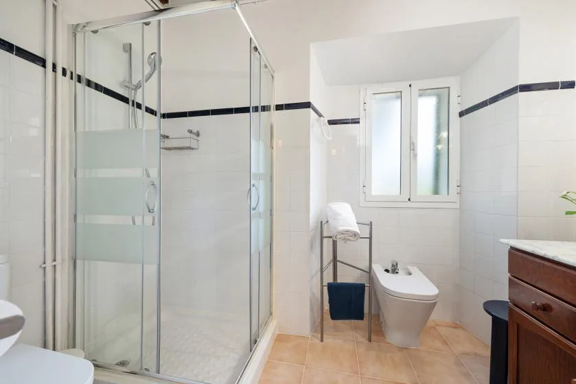 Un baño alicatado con ducha de vidrio, inodoro y ventana.