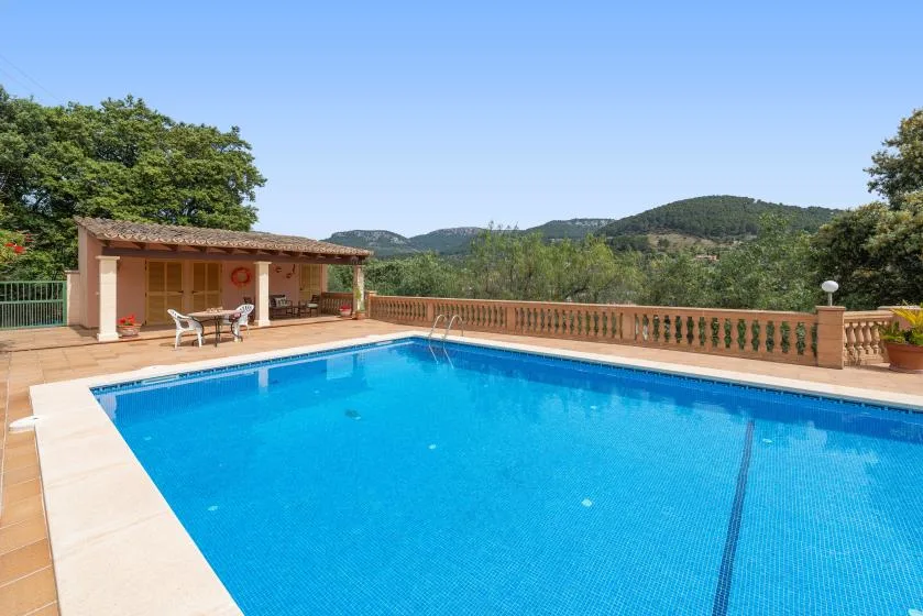 Una piscina exterior está junto a una terraza embaldosada, con colinas boscosas al fondo.