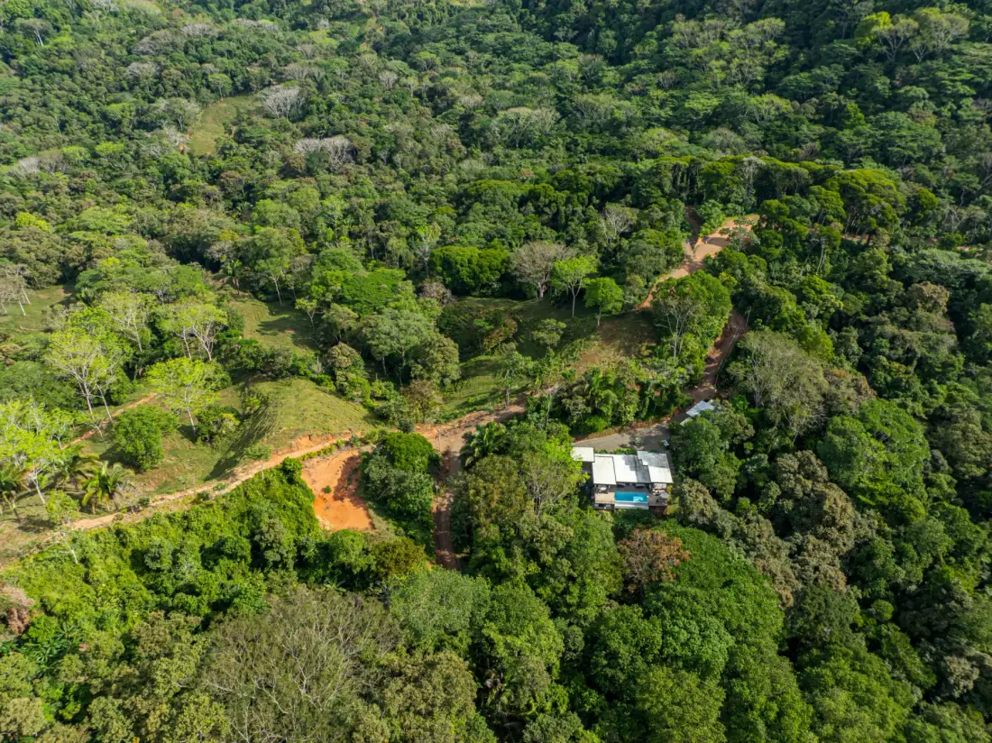 Vista aérea de una pequeña construcción rodeada de bosque denso y senderos de tierra sinuosos.