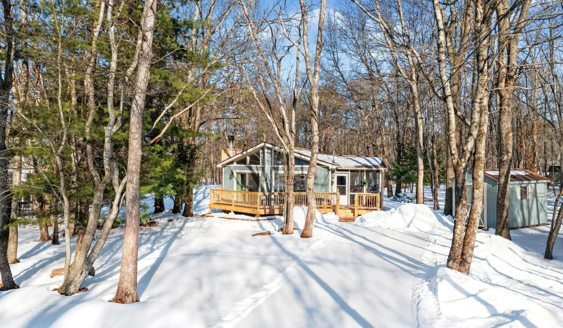 A glass-fronted cabin stands among snow-covered trees.