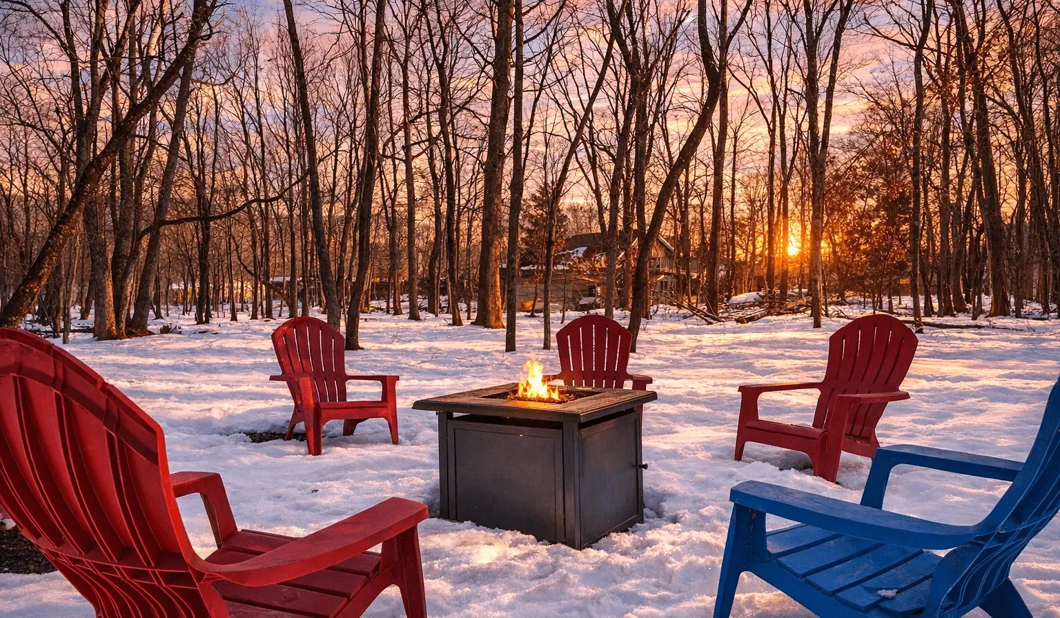 Snowy woodland seating area with colorful chairs around a fire pit at sunset.
