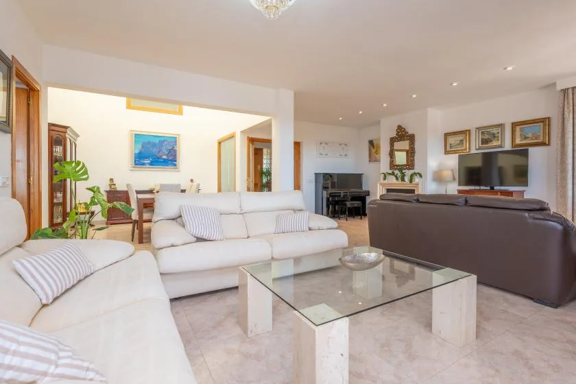 A bright living room with seating, a glass coffee table, and a dining area beyond.