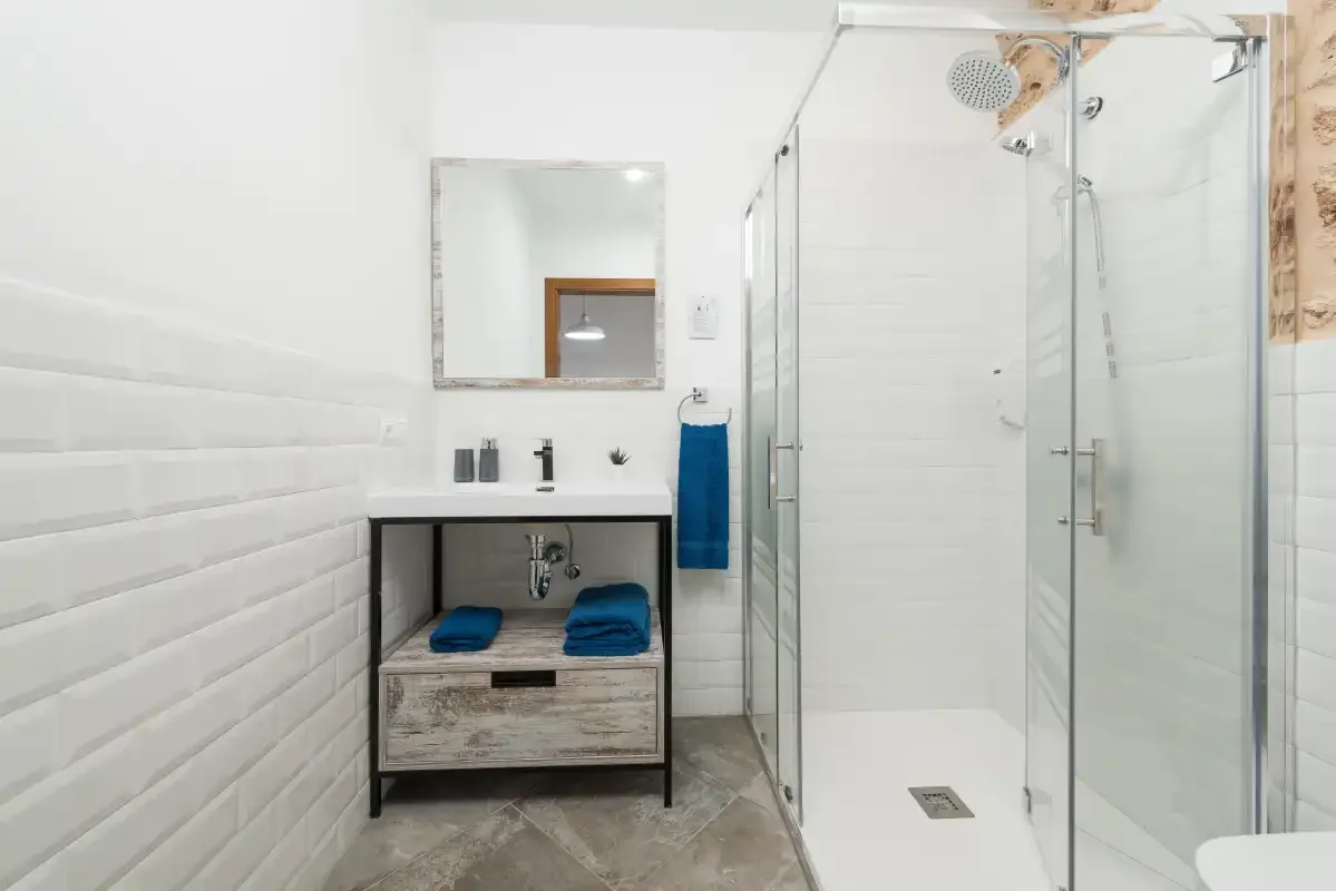 Un baño luminoso cuenta con una ducha de cristal y un mueble de lavabo.