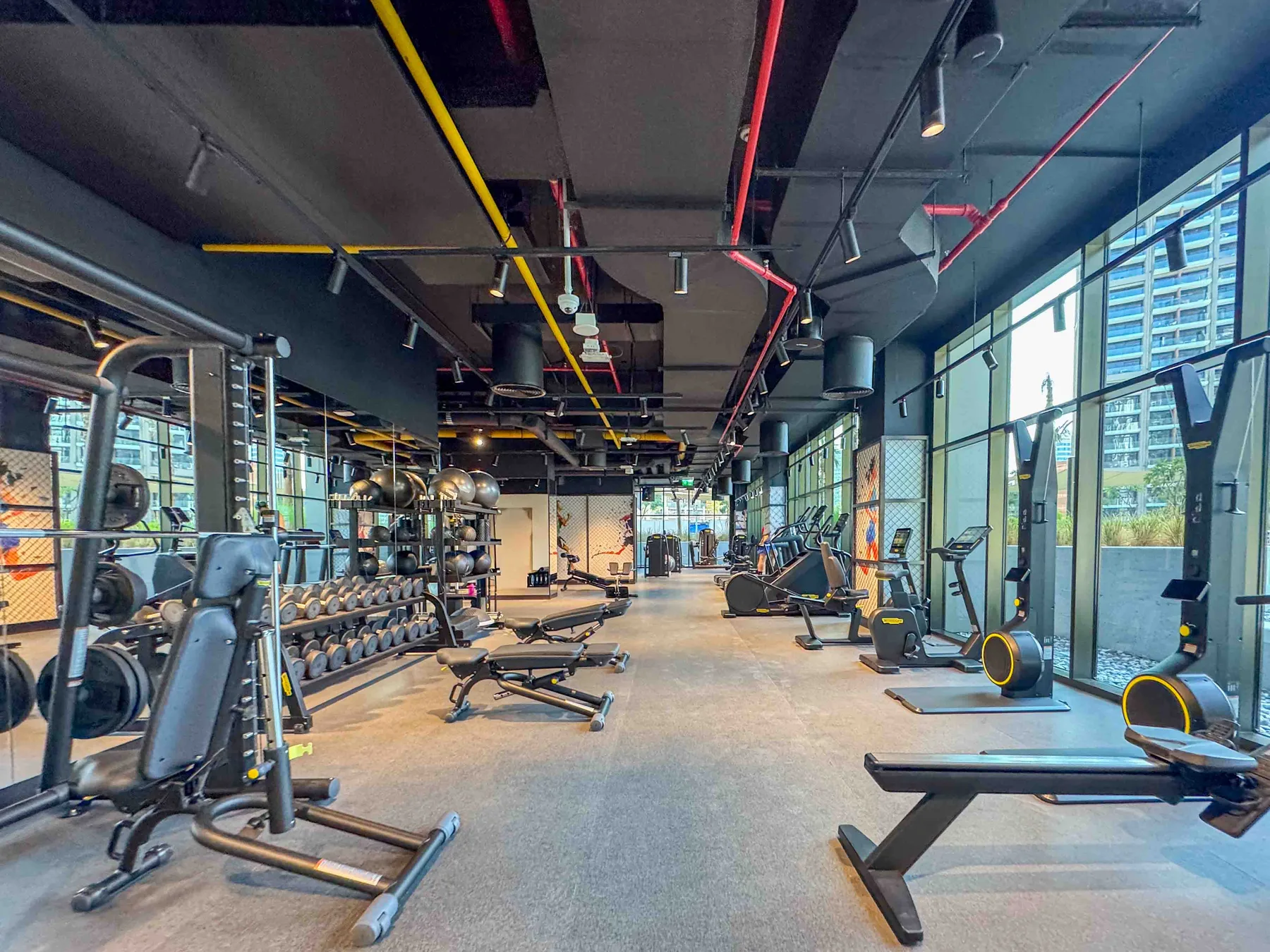 Un gimnasio con máquinas de ejercicio y estantes de pesas junto a grandes ventanas.