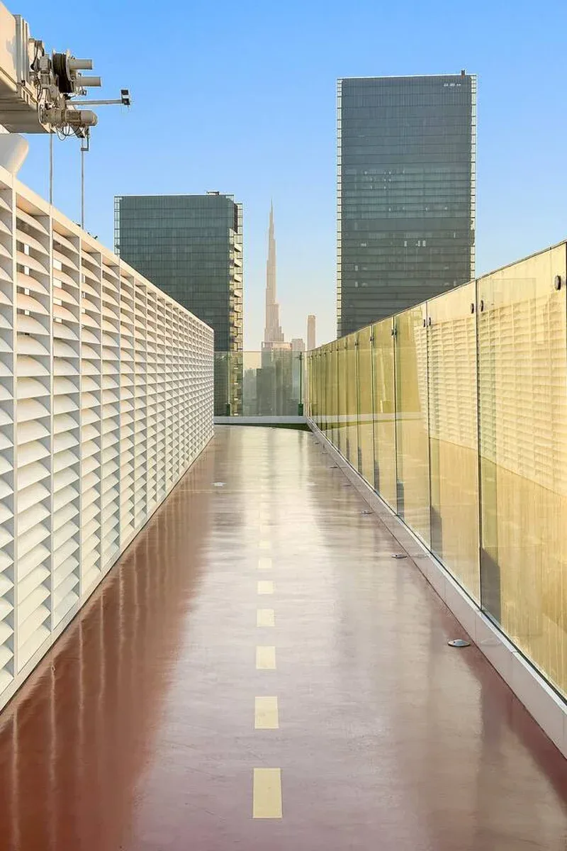 A rooftop walkway with glass railings and distant high-rise buildings.