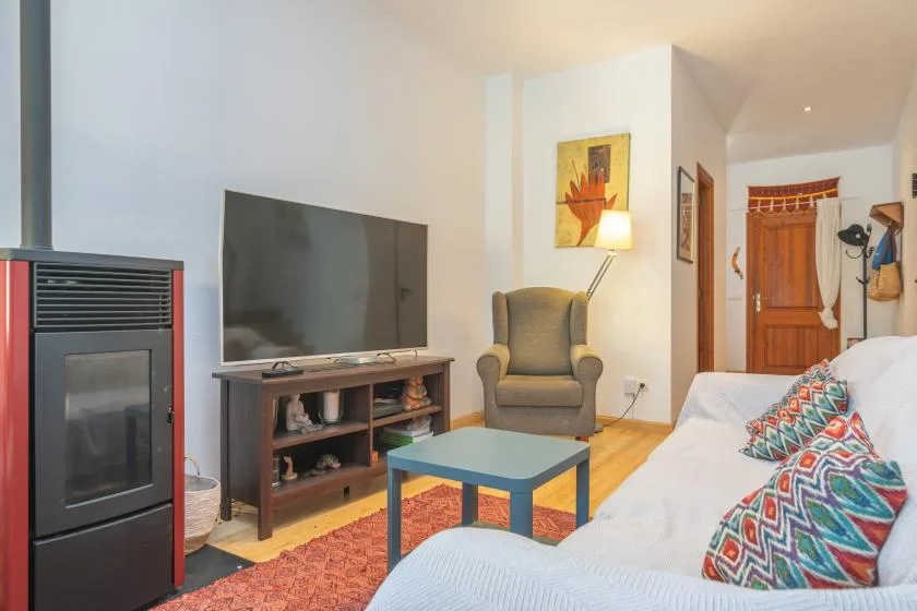 Una sala de estar con televisor, asientos y un cojín colorido con estampado.