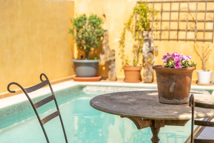Una pequeña piscina de patio está junto a una mesa redonda y plantas en macetas.