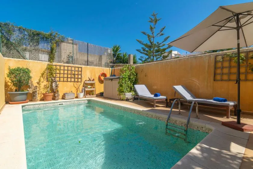 Una piscina al aire libre está rodeada de tumbonas y plantas en macetas.