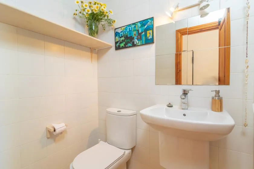 Un baño alicatado con lavabo, espejo e inodoro.