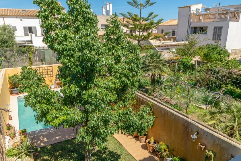 Un patio ajardinado con piscina, árboles y edificios alrededor.