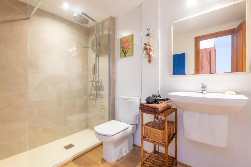 Un baño con ducha de vidrio, inodoro y lavabo bajo un espejo de pared.