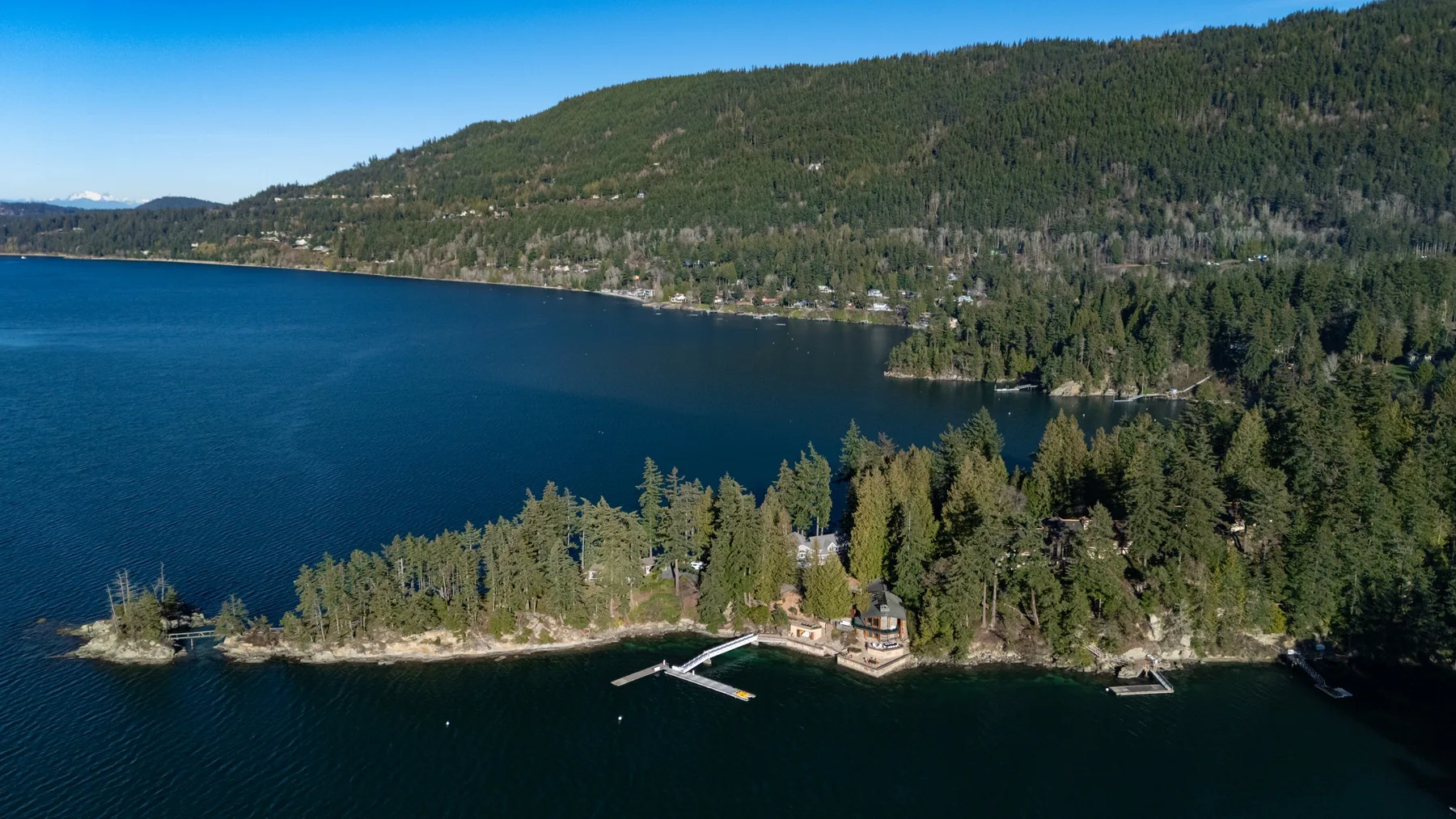 An aerial view of a forested shoreline beside a broad blue lake.