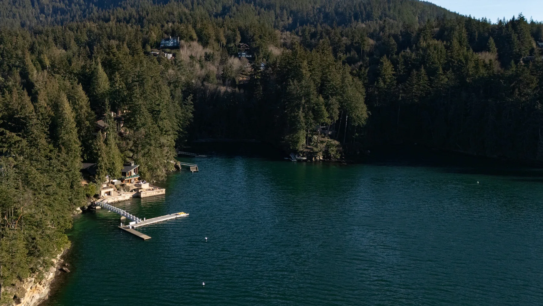 A forested shoreline borders a calm lake with a small dock.