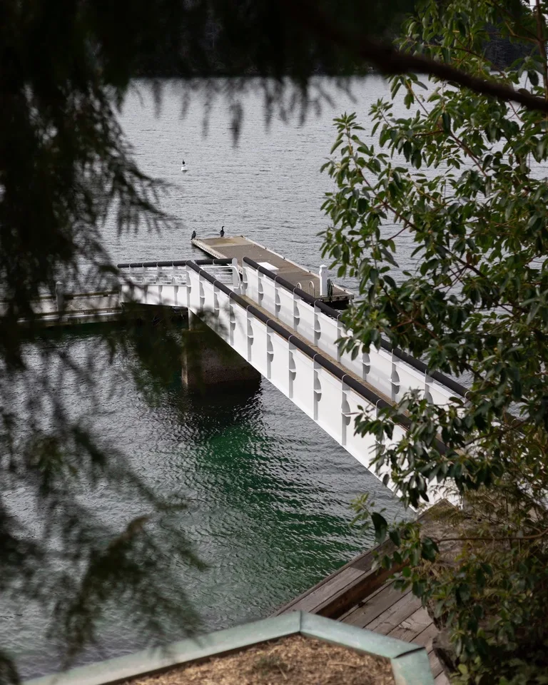 A white pier extends over the water, framed by leafy branches.