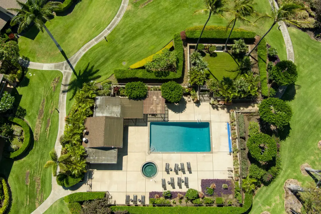 Aerial view of a swimming pool beside a landscaped garden and paved patio.