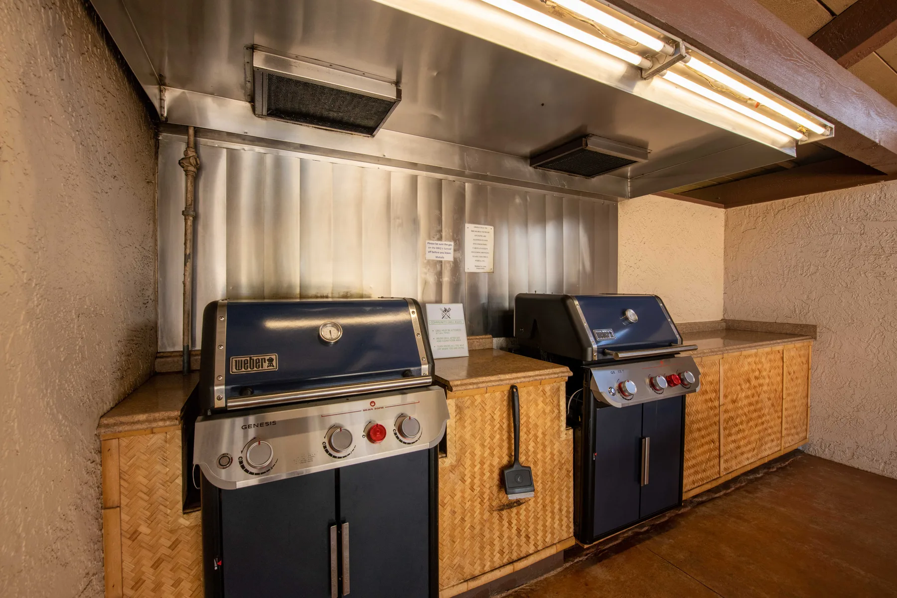 A covered outdoor cooking area with two grills beneath overhead lights.