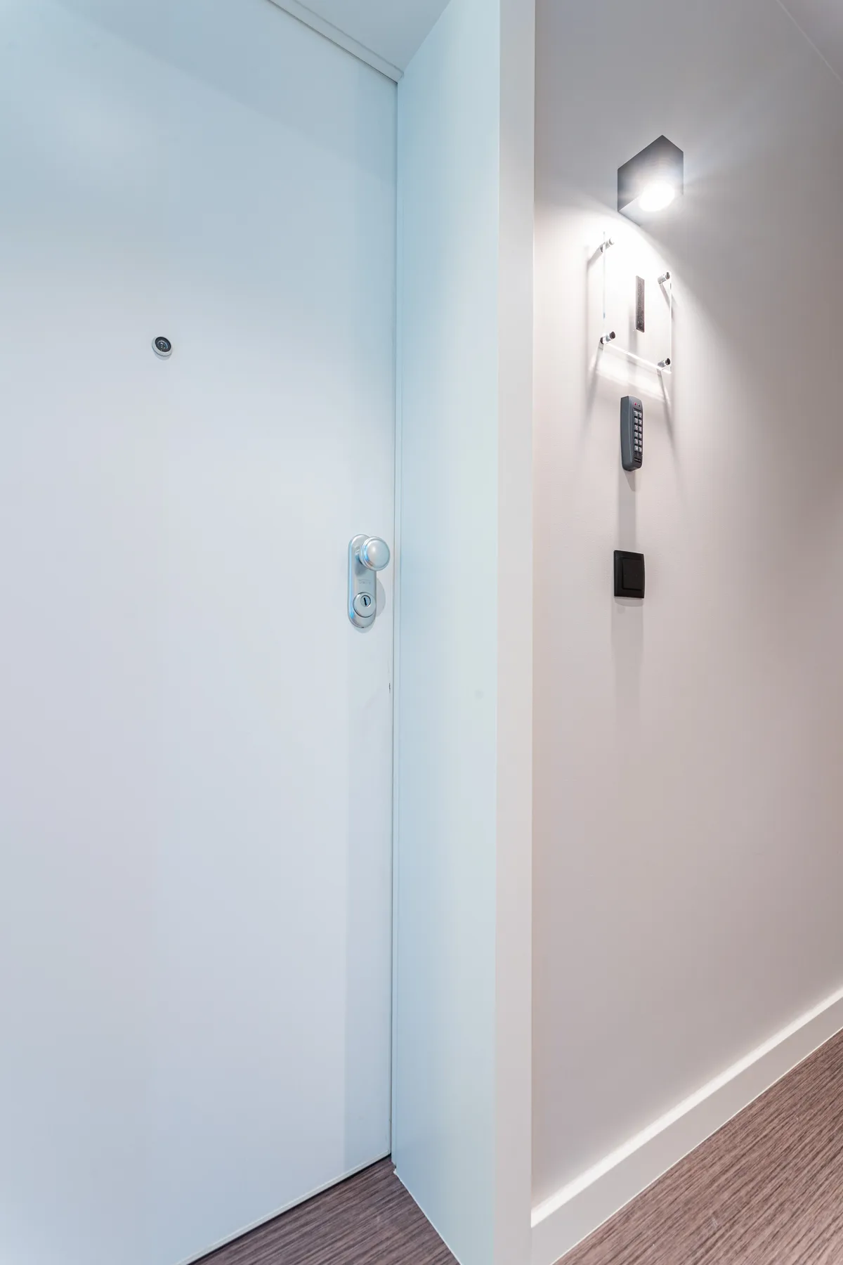 An interior entryway with a closed door and wall-mounted controls.