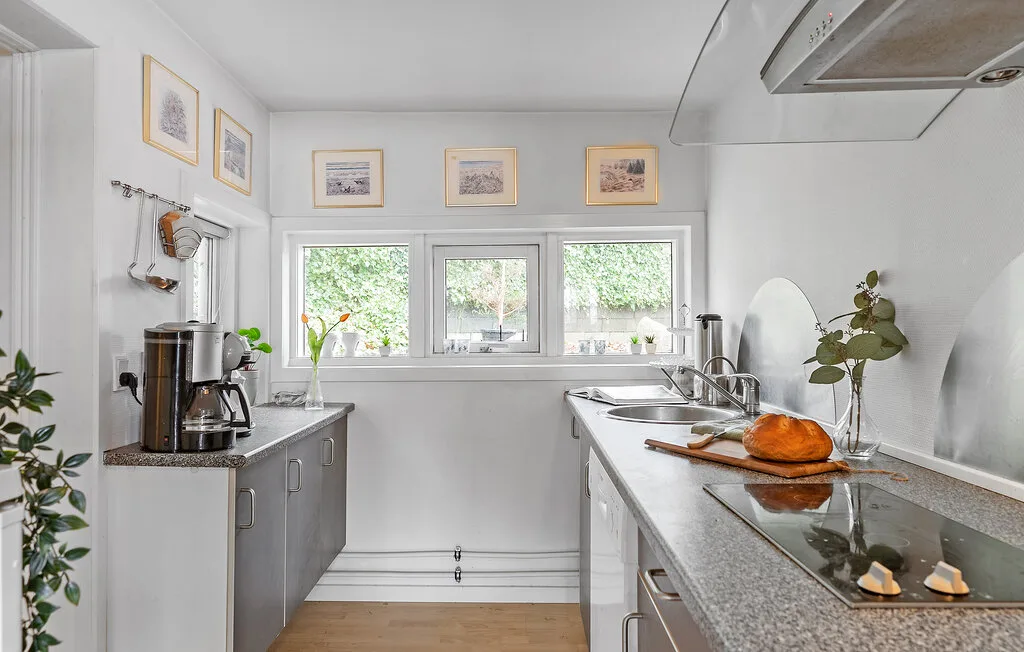 Una cocina luminosa con encimeras grises, una cafetera y ventanas con vistas a la vegetación.