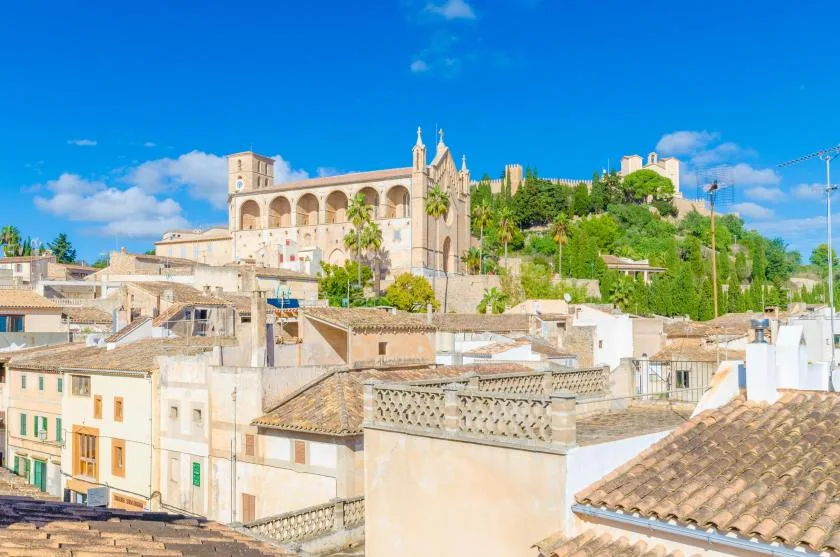 Un pueblo en una colina, con tejados agrupados y un gran edificio elevado.