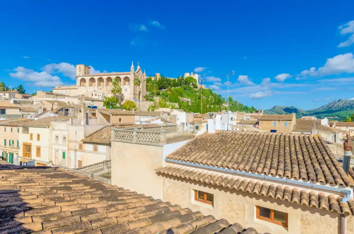 Vista de un pueblo en una colina, con tejados de tejas y una destacada iglesia de piedra.